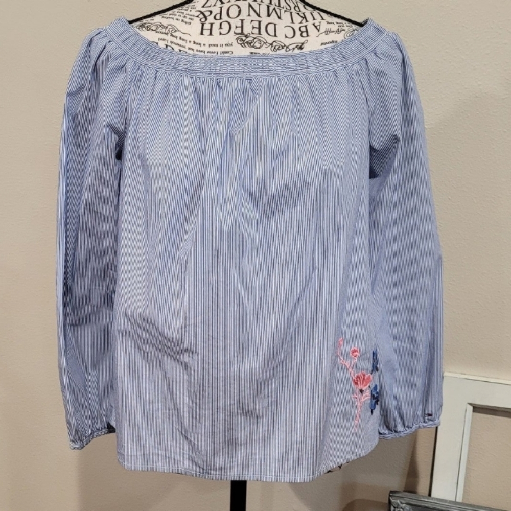 Tommy Hilfiger Off the shoulder blue & White Peasant Top‎ SZ Small